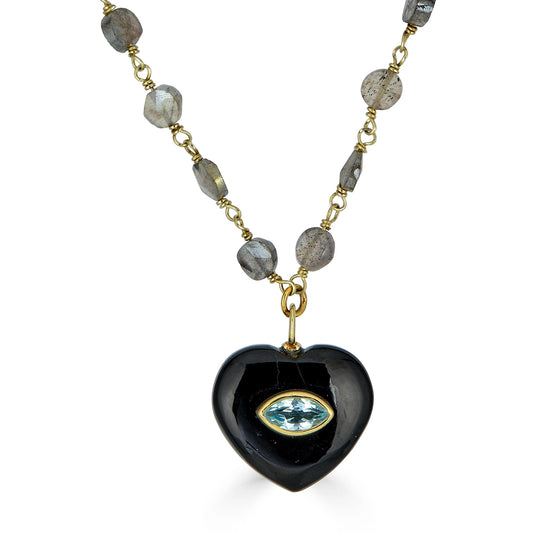 Black Onyx Heart Pendant Necklace On Labradorite Wire Wrap