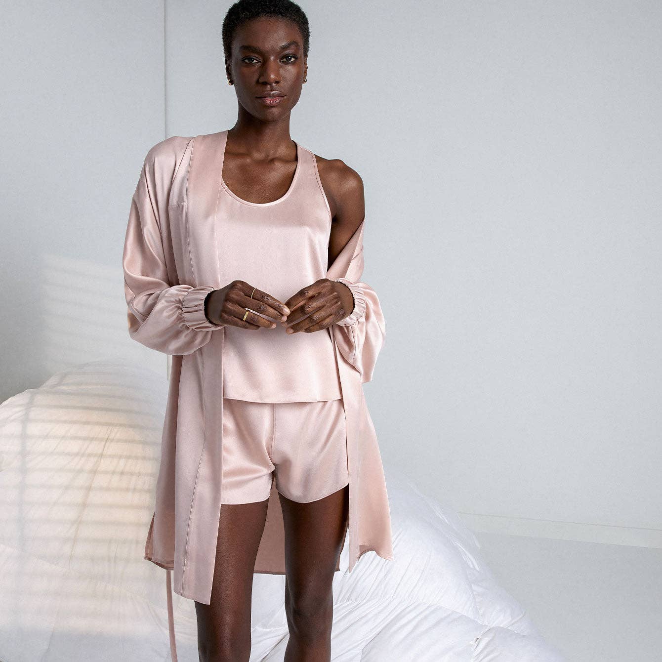 Lunya - Washable Silk Robe in Delicate Pink, available at LaSource in Darien.