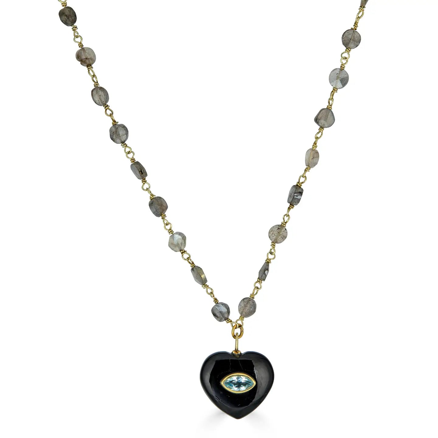 Black Onyx Heart Pendant Necklace On Labradorite Wire Wrap