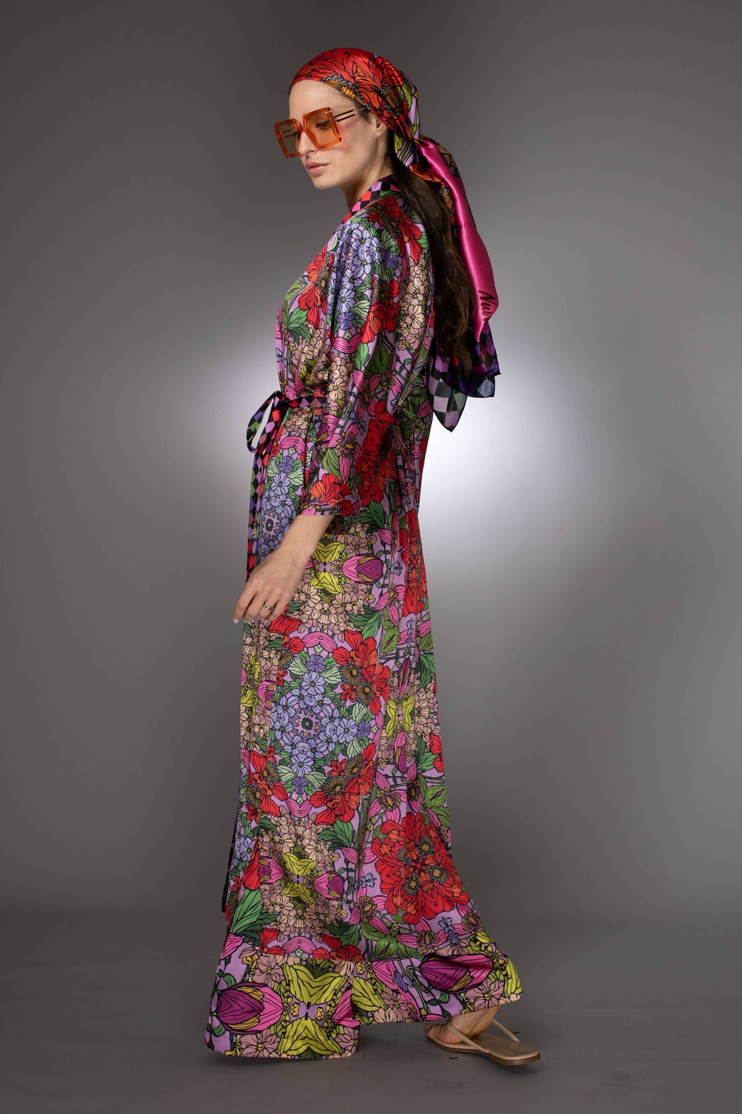 Red Golden Duchess Floral Satin Kimono