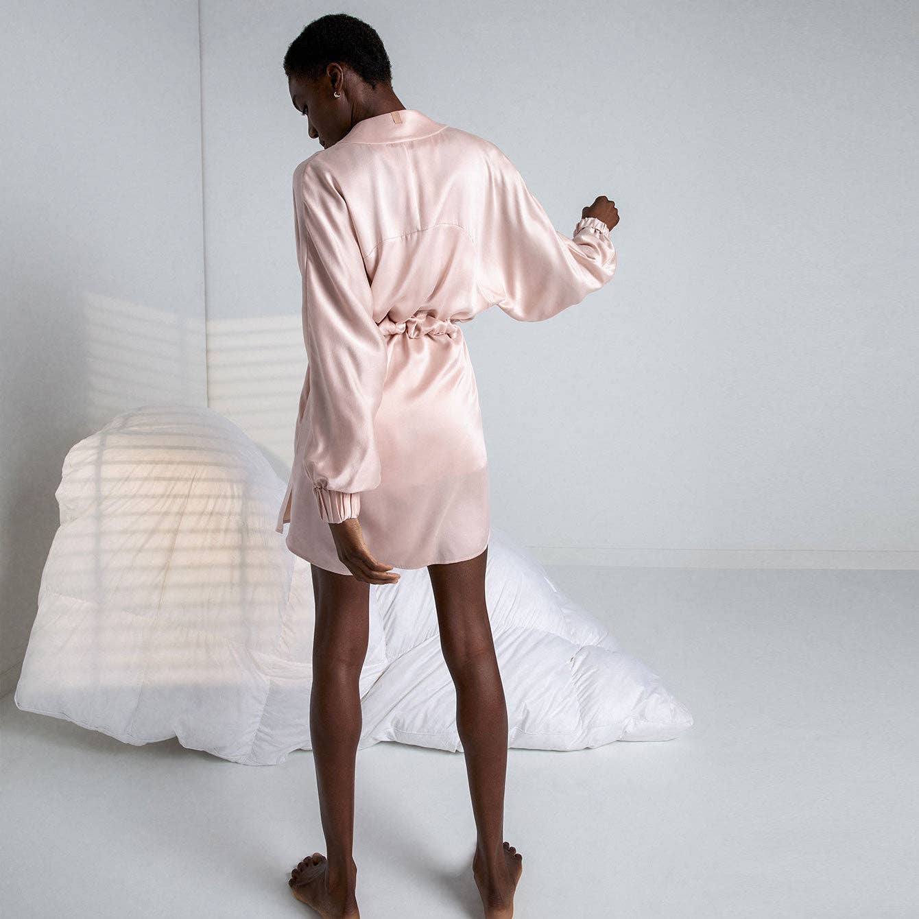 Lunya - Washable Silk Robe in Delicate Pink, available at LaSource in Darien.