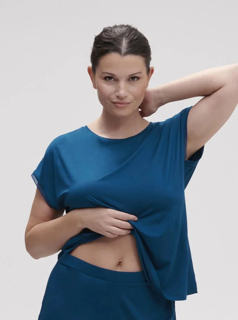 Simon Perele Aurore Short Sleeve Top in Poseidon Blue, available at LaSource in Darien