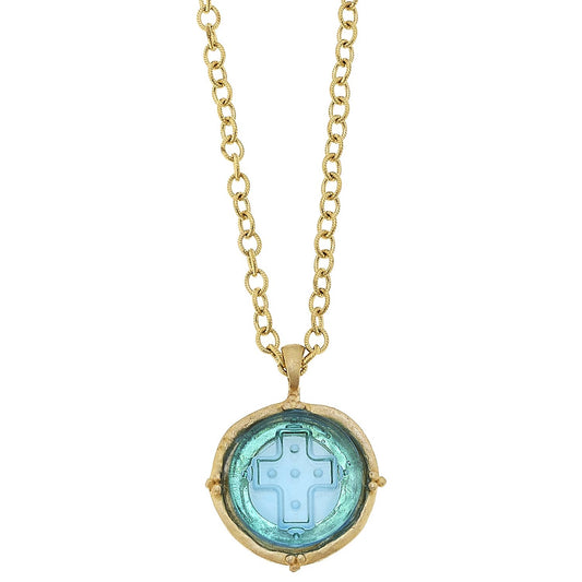 Susan Shaw - Aqua Venetian Glass Cross Necklace on 30" chain, available at LaSource in Darien