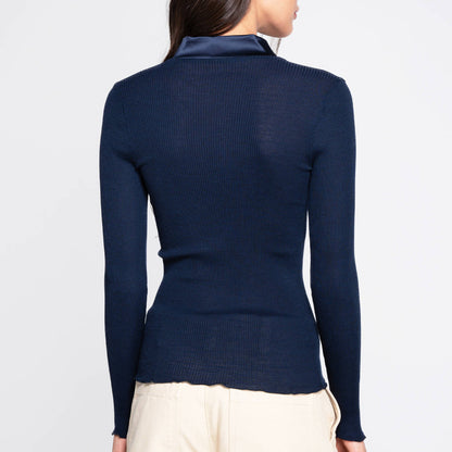 V-Neck Ribbed Long Sleeve Top with Satin Trim Collar