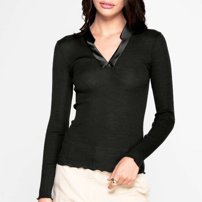 V-Neck Ribbed Long Sleeve Top with Satin Trim Collar