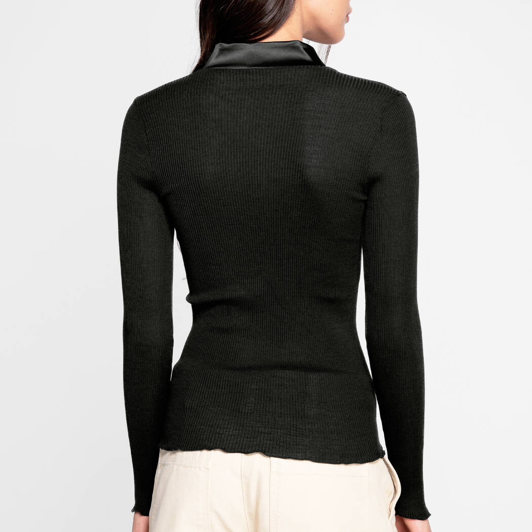 V-Neck Ribbed Long Sleeve Top with Satin Trim Collar