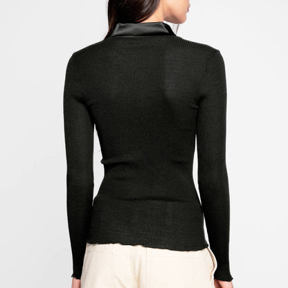 V-Neck Ribbed Long Sleeve Top with Satin Trim Collar