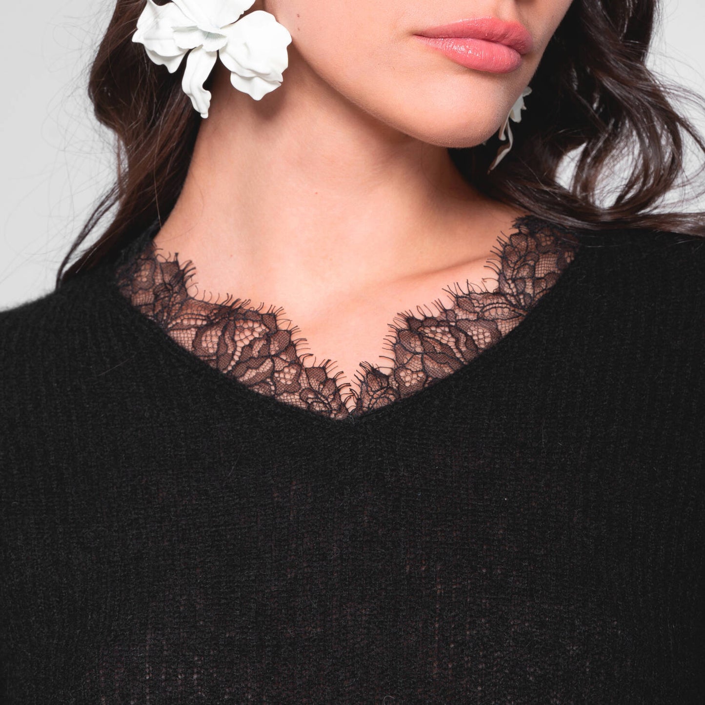 V-Neck Alpaca Sweater with Lace