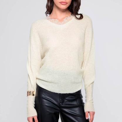 V-Neck Alpaca Sweater with Lace
