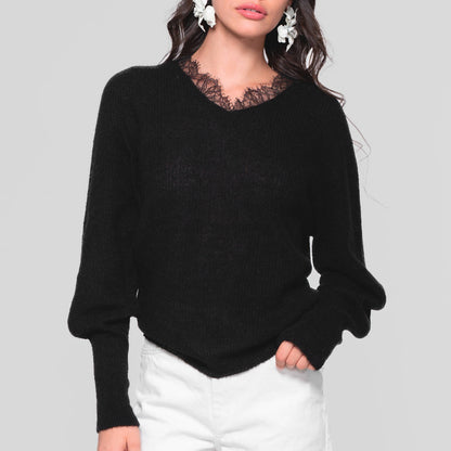 V-Neck Alpaca Sweater with Lace