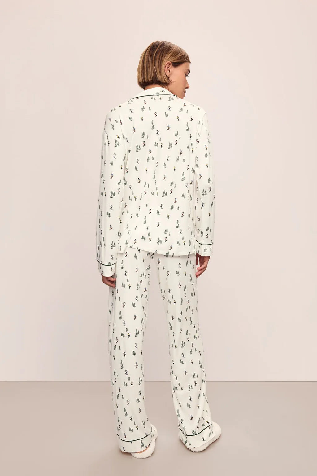 PJ1141  Gisele Printed TENCEL™ Modal Long PJ Set- Alpine Skier Ivory/Forest Green, available at LaSource in Darien and New Canaan