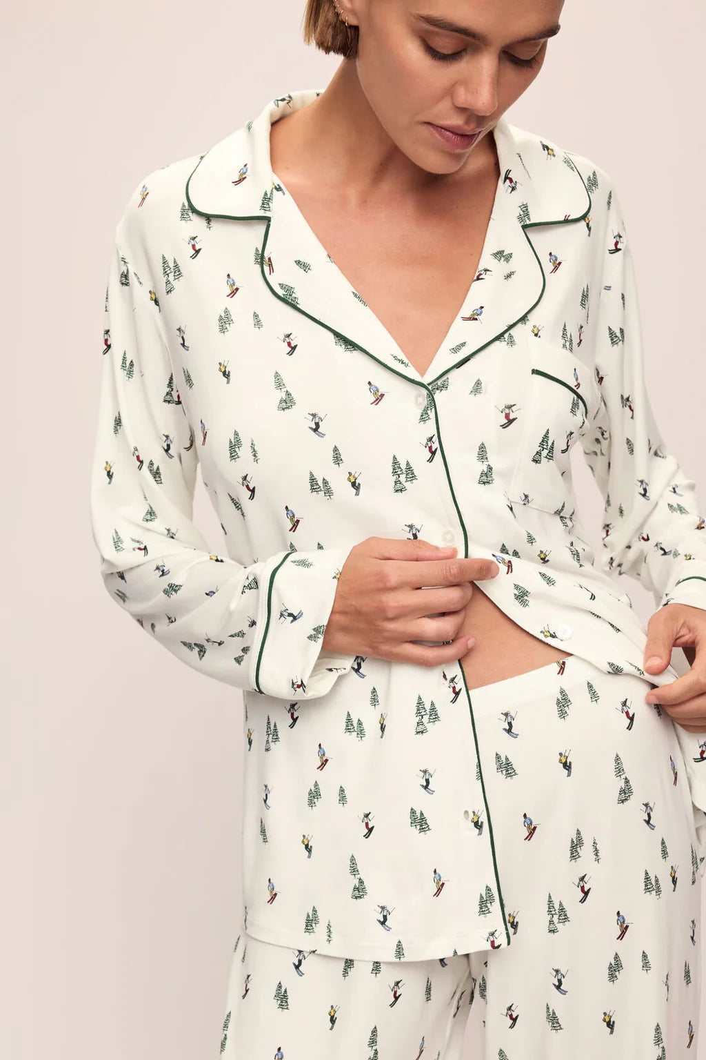 PJ1141  Gisele Printed TENCEL™ Modal Long PJ Set- Alpine Skier Ivory/Forest Green, available at LaSource in Darien and New Canaan