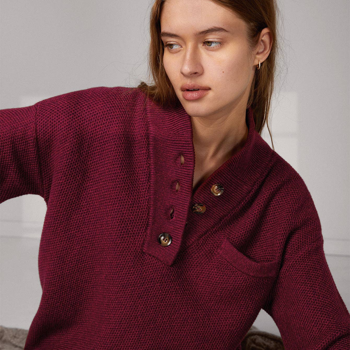 Lunya Cozy Cotton Silk Pocket Henley in Madrone Burgundy Marl, available at LaSource in Darien